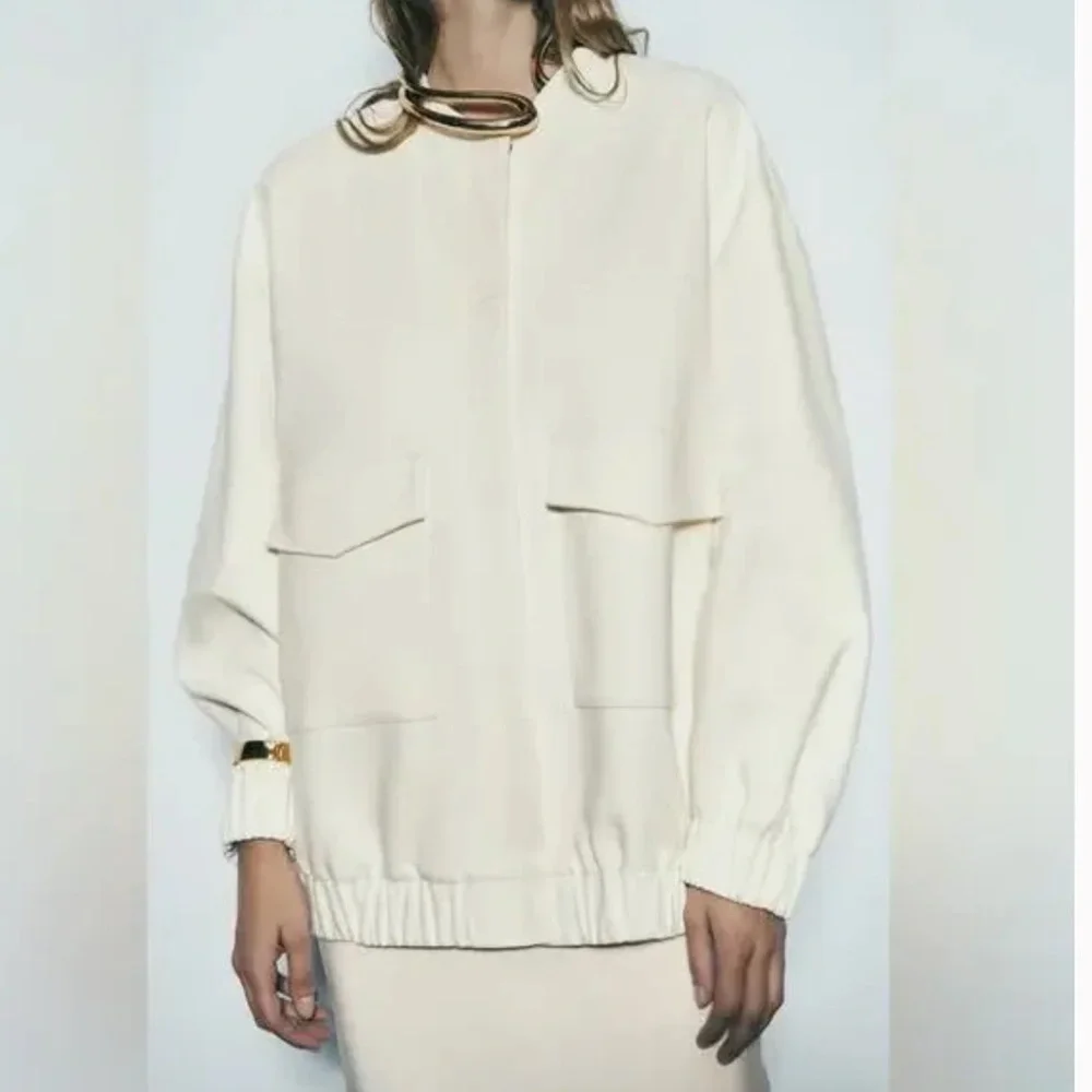 🤍 Zara Oyster White Oversized Long Bomber Jacket with Patch Pockets
